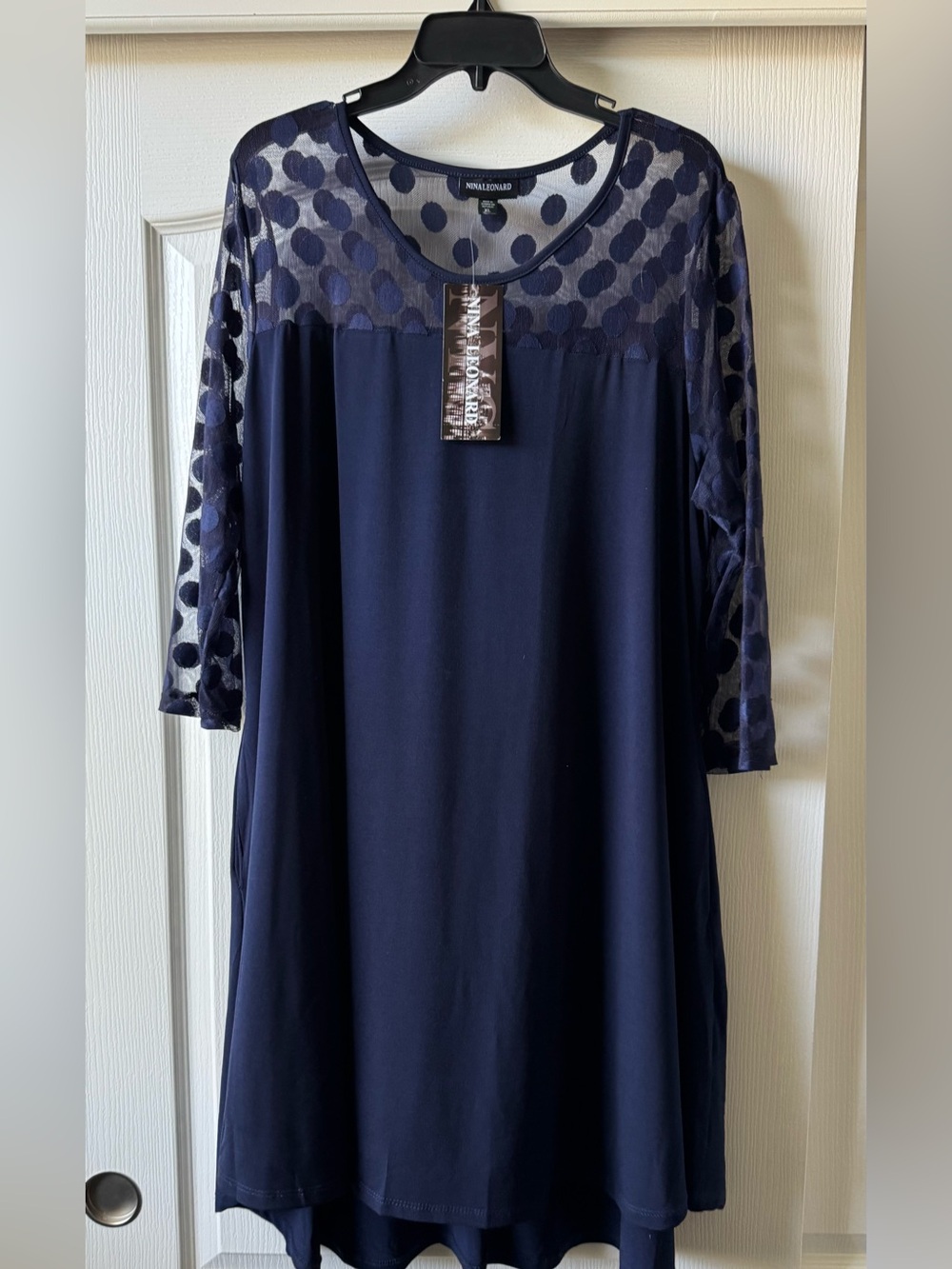 Nina Leonard Navy Polka Dot Mesh Midi Dress